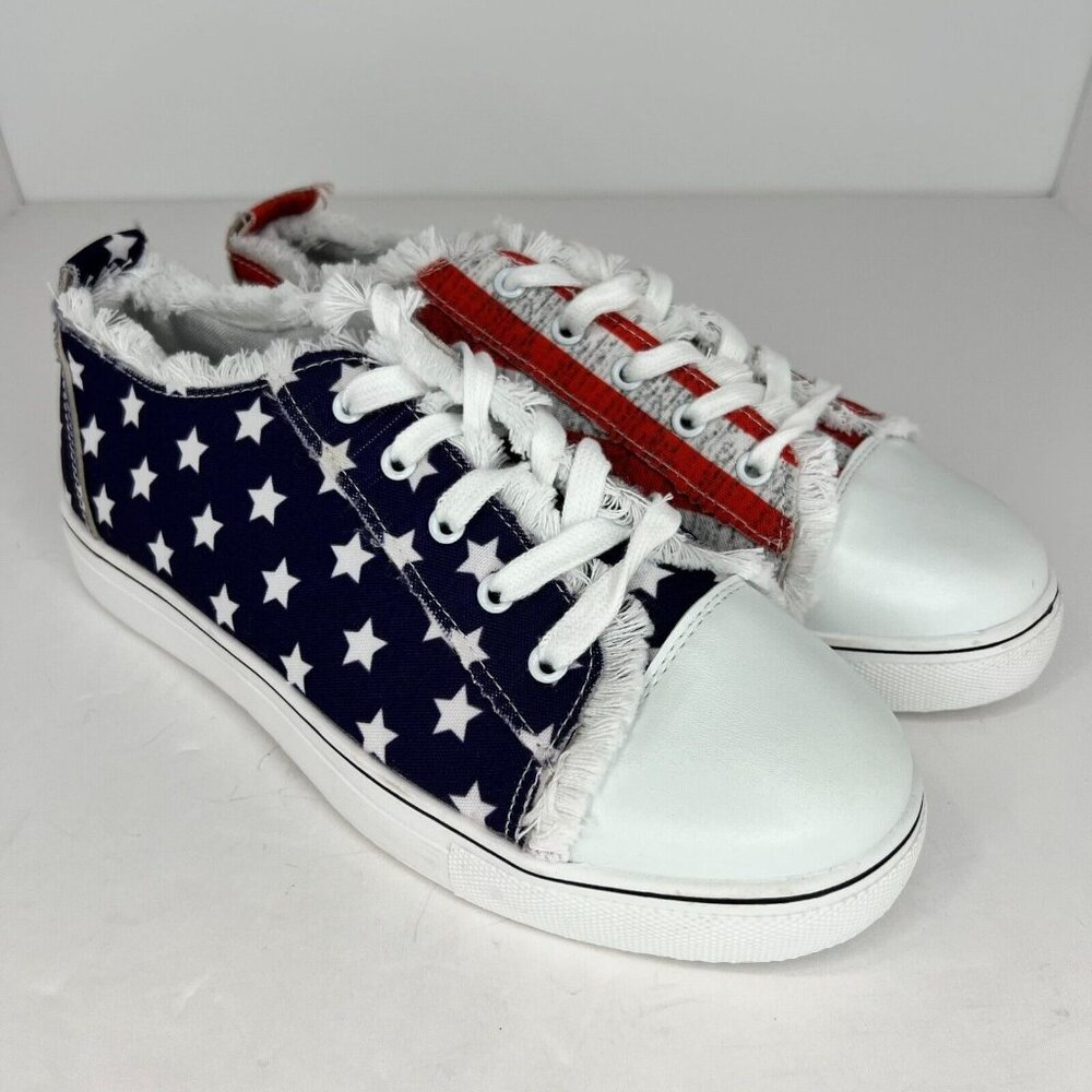Womens Blue Red Star Striped Pattern Low Top Lace Up Flat Size 7 Canvas Sneakers - Picture 2 of 8